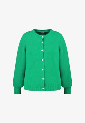 Groen gebreid vest met een ronde hals, lange mouwen en vijf witte knopen aan de voorkant. Gestructureerde stof en geribde zoom.