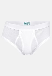 Witte katoenen slips met een gladde tailleband, met een mesh-ontwerp aan de voorkant voor ademend vermogen. Het label bevat merk- en maatdetails.