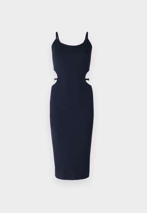 Vestido bodycon azul-marinho com alças finas, apresentando recortes laterais, uma silhueta ajustada e uma bainha até ao joelho. Feito de material suave.