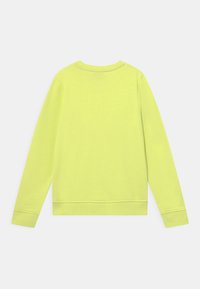 Sudadera amarilla brillante, hecha de tela suave, con mangas largas y cuello redondo. Detalle de puños y dobladillo acanalados. Vista trasera lisa.