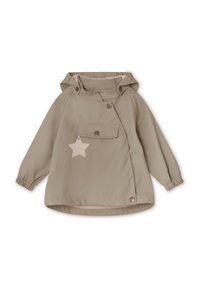 Khaki børnejakke med hætte, der har en sidelukning med knap, en brystlomme og et stjernemærke. Blød tekstur og elastiske manchetter.