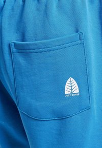 Pantaloni scurți din bumbac albastru, cu un tiv elastic, având o buză posterioră și un logo alb în formă de frunză cu textul "JUST RHYSE". Textură netedă.