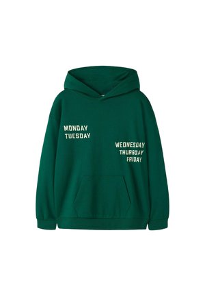 Sweat à capuche vert foncé avec poche avant, présentant un texte crème listant les jours de la semaine du lundi au vendredi à l'avant.