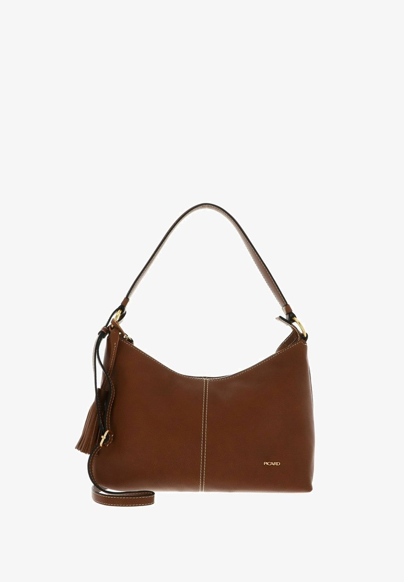 Brown leather handbag with a curved design, featuring white stitching, a tassel accent, and a detachable shoulder strap. Gold hardware details.