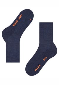 Marineblå sokker med glatt tekstur, forsterket hæl og oransje tekst som viser "WALKIE LIGHT" og størrelse "39-41".