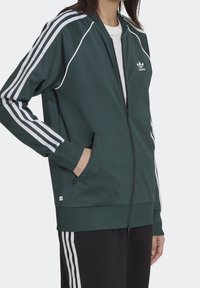 Dark green zip-up jacket with white striped accents on sleeves. Features ribbed cuffs and waistband, two side pockets, and an embroidered logo.