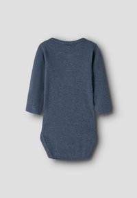 Ribbed long-sleeve baby bodysuit in dark blue. Features a rounded neckline and snap closure at the bottom. Soft texture, simple design.