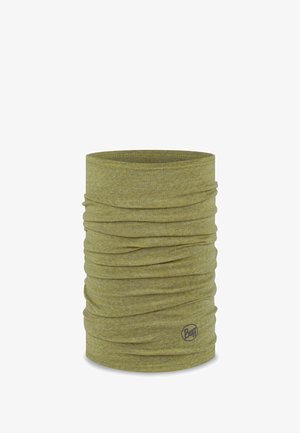 Grüner, röhrenförmiger Stoff-Nackenschlauch mit strukturierter Oberfläche, mit gerafftem Design und kleinem Buff-Logo an der unteren Seite.