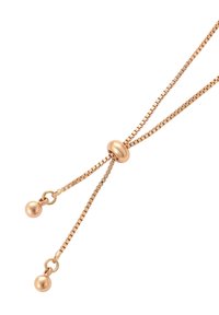 Collana regolabile in oro rosa con scorrevole a sfera liscia e due estremità pendenti, ciascuna rifinita con una piccola sfera lucida.