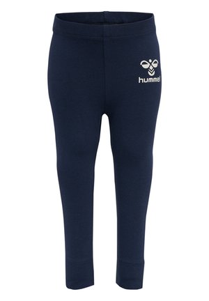 Mørkeblå leggings lavet af strækstof med en elastisk talje. Har et hvidt logo på hoften, tætsiddende design og uden synlige mønstre.