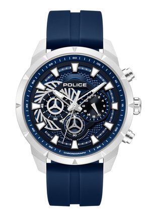Reloj de pulsera cronógrafo azul y plateado con tres subesferas, marcadores de hora triangulares y audaces, y una correa de silicona azul.