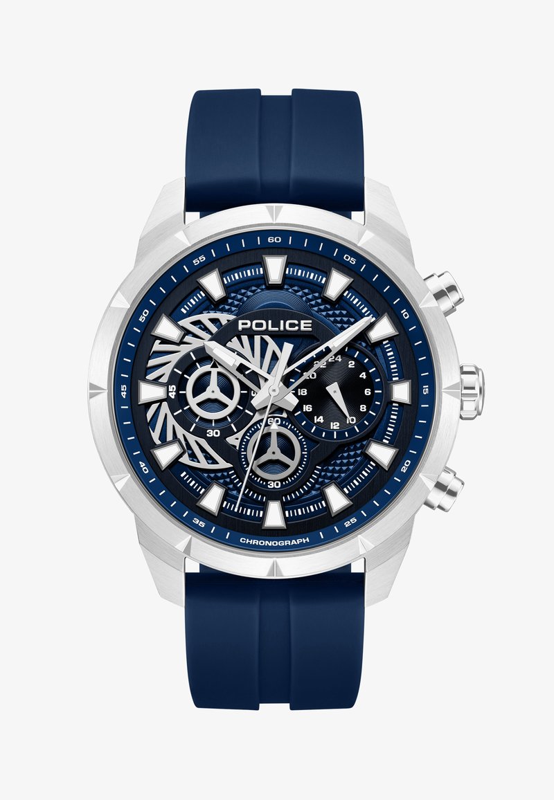 Montre chronographe bleue et argentée avec trois sous-cadrans, grands index triangulaires et bracelet en silicone bleu.