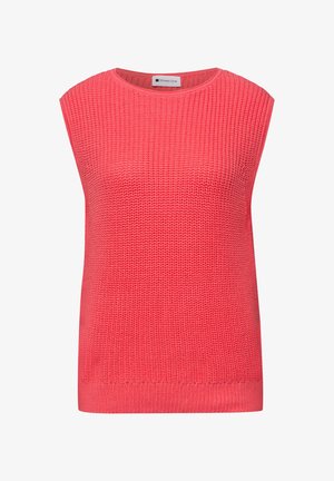 Bezrekawnik z dzianiny w kolorze koralowym, z okrągłym dekoltem i ściągaczem u dołu, z teksturowanym wzorem.