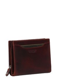 Brunt læderpung med en struktureret finish, udstyret med lynlåslukning og en yderlomme. Præget mærkelogo på fronten.