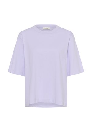 helelilla liibuv lühikeste varrukatega T-särk ümmarguse kaelusega ja kaeluse siseküljel brändi silt.