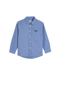 Camisa de manga larga a cuadros azules con collar tipo botón, bolsillo frontal y detalle bordado "Racquet Club" en el pecho. Tela de algodón.