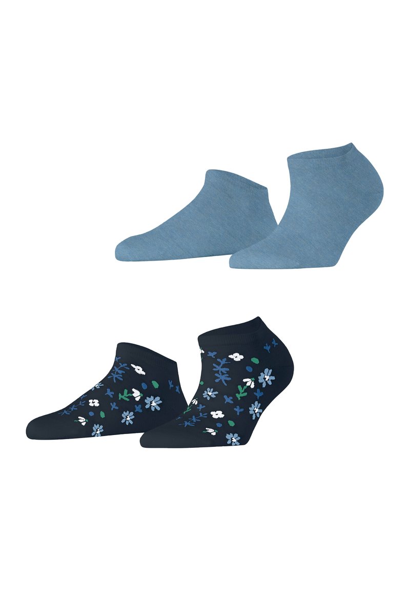 Set van twee paar enkelsokken: één effen lichtblauw, één marineblauw met meerkleurige bloempatronen. Katoenmix, gladde textuur, aansluitende pasvorm.