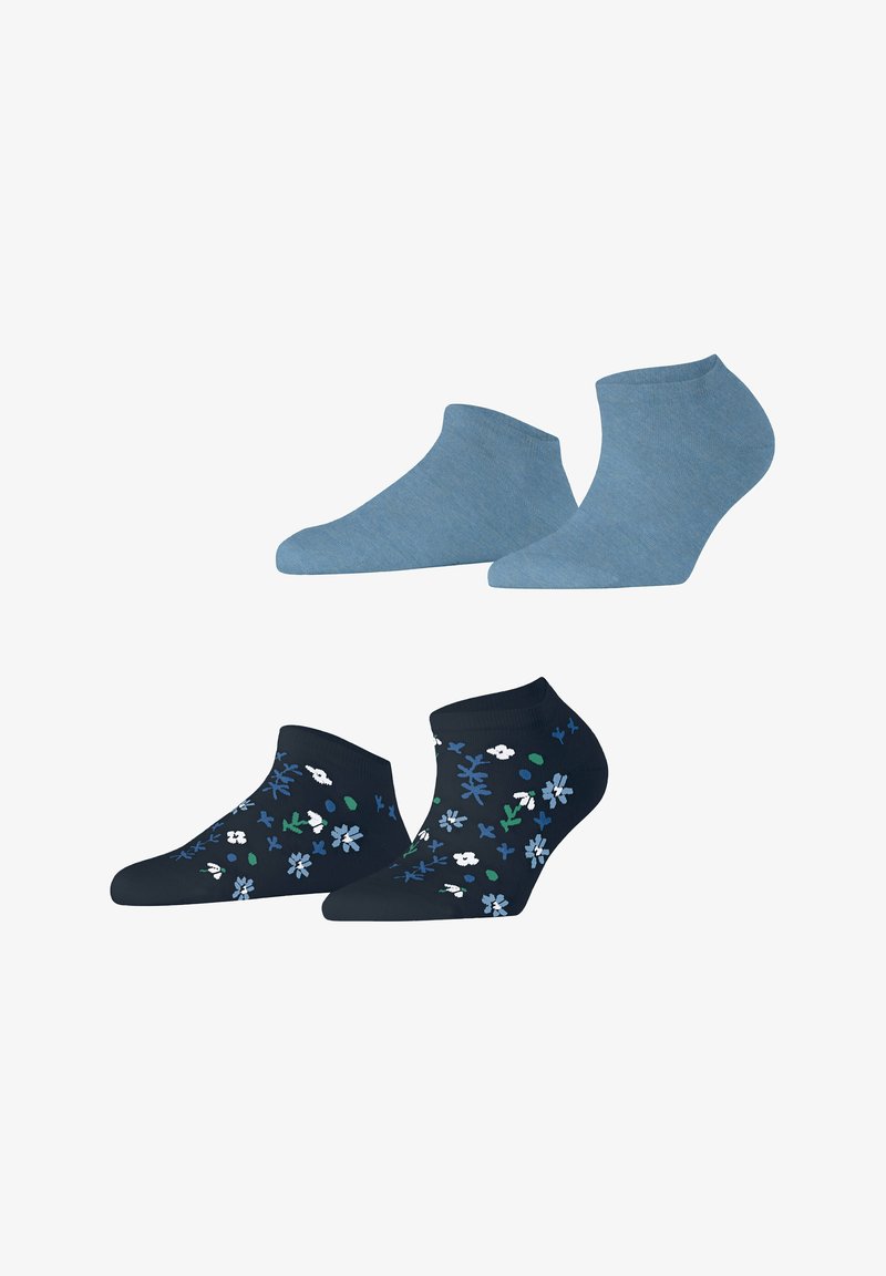Set van twee paar enkelsokken: één effen lichtblauw, één marineblauw met meerkleurige bloempatronen. Katoenmix, gladde textuur, aansluitende pasvorm.
