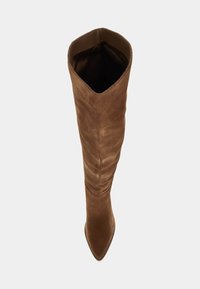 Botte marron en suède, au-dessus du genou, avec un bout pointu et une large ouverture supérieure. Présente une texture lisse et une forme ajustée.