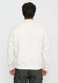 Felpa beige chiaro con collo rotondo classico, maniche raglan e una texture liscia. Presenta un dettaglio di cucitura lungo il retro.
