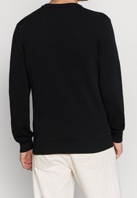Schwarzer Pullover mit Rundhalsausschnitt, gerippten Bündchen und Saum. Weicher Stoff und minimalistisches Design. Rückansicht ohne sichtbare Grafiken oder Muster.