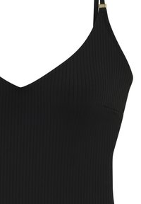 Zwarte geribde top met een V-halsontwerp, dunne bandjes en een naadloze afwerking voor een strakke look. Zachte textuur met een aansluitende pasvorm.