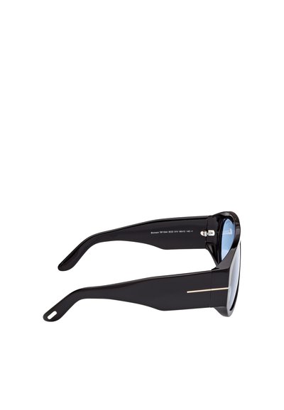 Mustat aurinkolasit viehättävällä muotoilulla. Kiiltävät kehykset, siniset linssit ja kultainen koristeviiva temppeleissä. Kevyet ja modernit muodot.