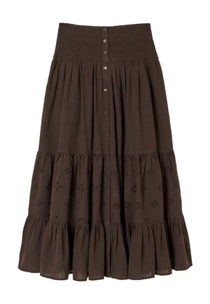 Brun midi-nederdel med elastisk smocket talje, knapper foran, hulbroderet blomstermønster på nederste lag og flæsekant.