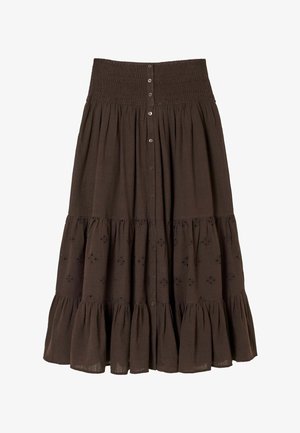 Barna midi szoknya elasztikus fodros derékpánttal, elől gombokkal, alsó rétegen virágmintás hímzéssel, és fodros szegéllyel.