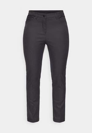 Calças pretas, ajustadas ao corpo, feitas de um tecido suave. Apresentam um fecho de botão e quatro bolsos com detalhes de costura discretos. Design liso.