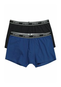 Dos pares de bóxers de algodón: uno negro y otro azul. Ambos tienen una cintura con la inscripción "JP1880" en letras blancas y una textura simple y lisa.