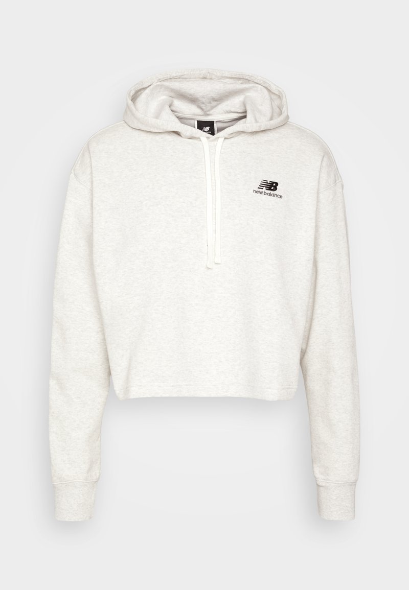 Haut à capuche court gris clair en tissu doux. Doté d'une capuche avec cordon de serrage et d'un petit logo noir sur la poitrine gauche. Manches longues.