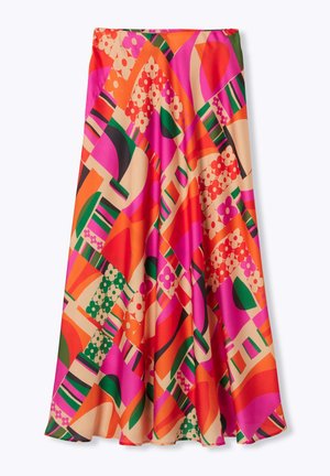 Jupe trapèze brillante avec des motifs floraux et géométriques abstraits et colorés en rose, orange, vert, rouge et beige.