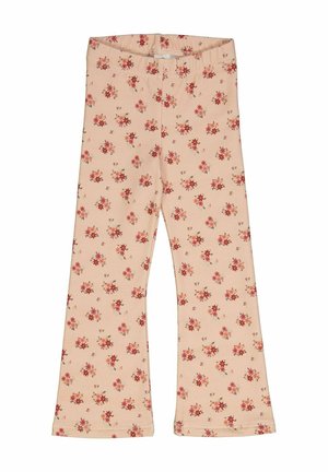 Pantaloni a zampa d'elefante in morbido tessuto elasticizzato; beige chiaro con un motivo floreale in rosso e rosa. Vita elastica, texture liscia.