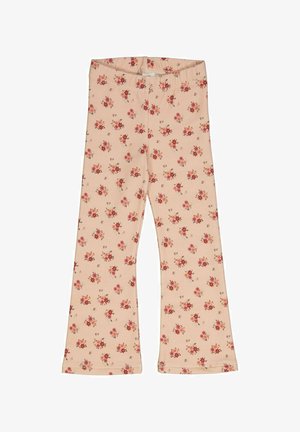 Pantaloni a zampa d'elefante in morbido tessuto elasticizzato; beige chiaro con un motivo floreale in rosso e rosa. Vita elastica, texture liscia.