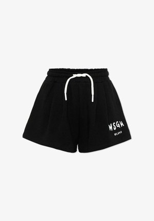 Shorts con vita elastica nera, coulisse bianca e logo "MSGM Milano" bianco sulla gamba sinistra, progettati per un uso casual.