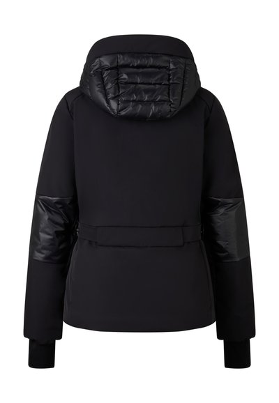 Zwarte jas met een gewatteerde capuchon, contrasterende glanzende zwarte mouwen, een getailleerde taille en elastische manchetten. Glad stof met doorgestikte accenten.