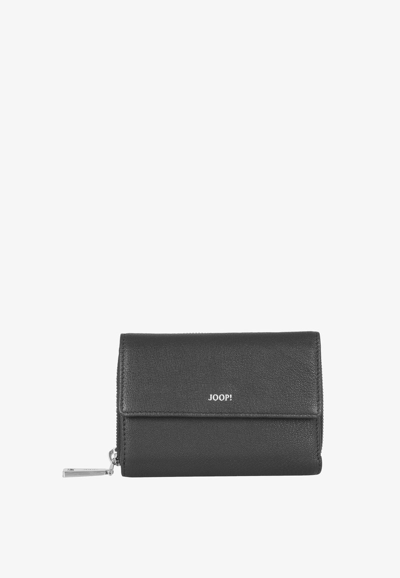 Black leather wallet with a textured surface, featuring a zip closure and a silver logo accent. Rectangular shape, compact design.