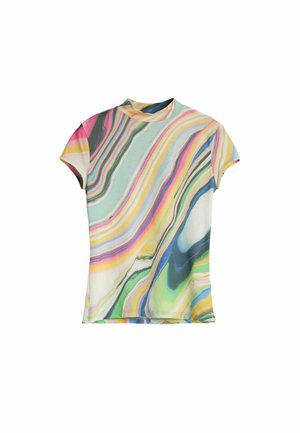 Trumpomis rankovėmis marškiniai su aukštu kaklu, puošta spalvingomis bangelėmis pastelinių ir ryškių atspalvių šviesiame fone.