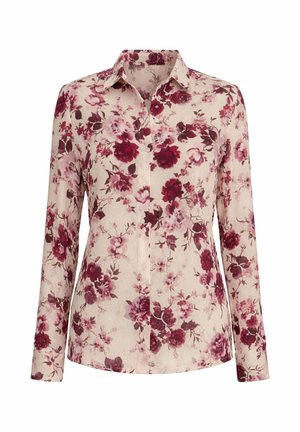Camicia beige a maniche lunghe con colletto, caratterizzata da un motivo floreale rosso e rosa e chiusura frontale con bottoni.