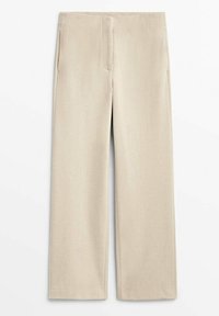 Beige straight-leg pants with side pockets, flat front, and a clean waistband, laid flat on a white background.