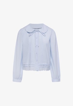 Hellblaue langärmelige Bluse mit Peter-Pan-Kragen, vorderer Knopfleiste, Bindedetail, Biesen und gewelltem Spitzenabschluss.