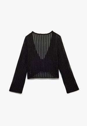 Czarny szydełkowany sweter z długimi rękawami i dekoltem w kształcie litery V z tyłu, z otwartym splotem i skróconą długością.