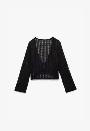 Czarny szydełkowany sweter z długimi rękawami i dekoltem w kształcie litery V z tyłu, z otwartym splotem i skróconą długością.