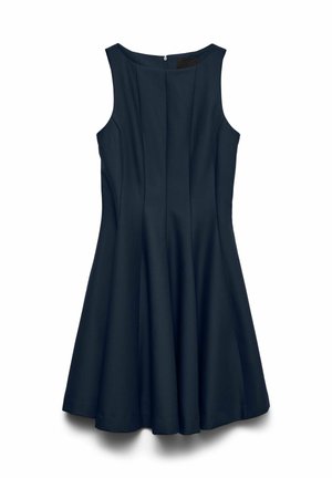 Robe bleu marine sans manches en forme trapèze avec une fermeture éclair au dos et des détails de coutures, s'évasant légèrement de la taille à l'ourlet.