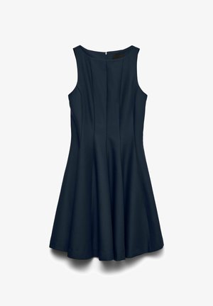 Ærmeløs marineblå A-formet kjole med lynlås bagpå og sømdetaljer, der flænger let ud fra taljen til skørtets kant.