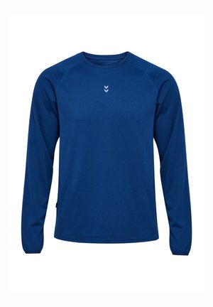 Blauer Langarm-Pullover mit Rundhalsausschnitt, strukturiertem Stoff und kleinem weißen Doppel-Chevron-Logo, das zentriert unterhalb des Halsausschnitts angebracht ist.