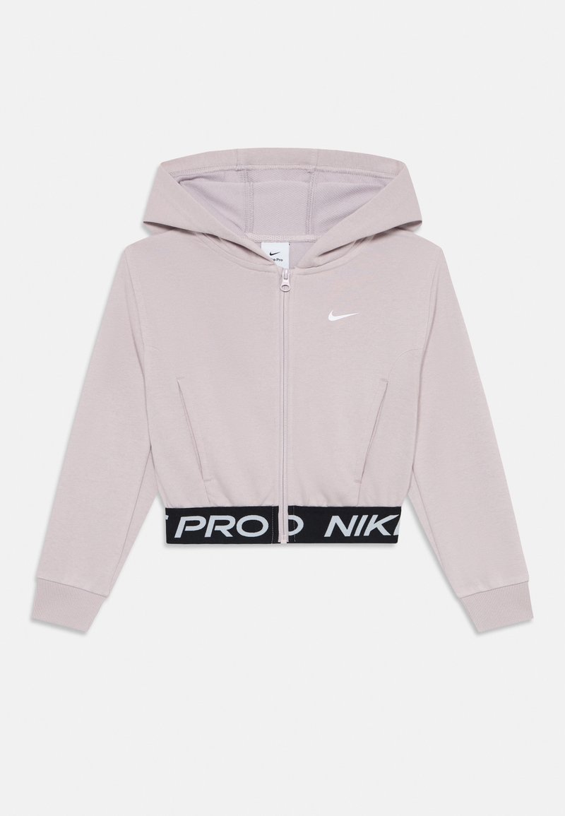 Lys lilla cropped Nike hettegenser med frontglidelås, sidelommer, hette og svart elastisk liv med hvit "PRO NIKE" tekst.