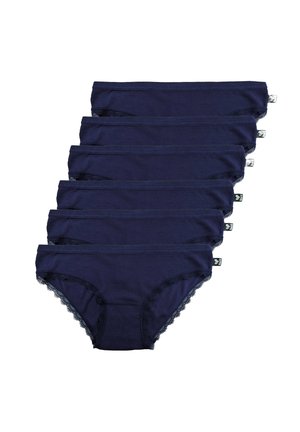 Stack of six navy blue women's cotton briefs with lace trim on leg openings, displayed on white background.