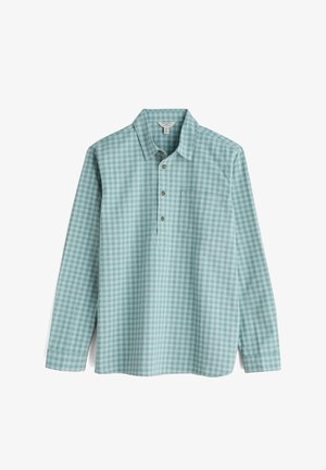 T-paita pitkähihaisella turkoosilla ruutukuosisella kankaalla, jossa on kauluskanko, nappilista ja rintatasku. Pehmeä, kevyt kangas.